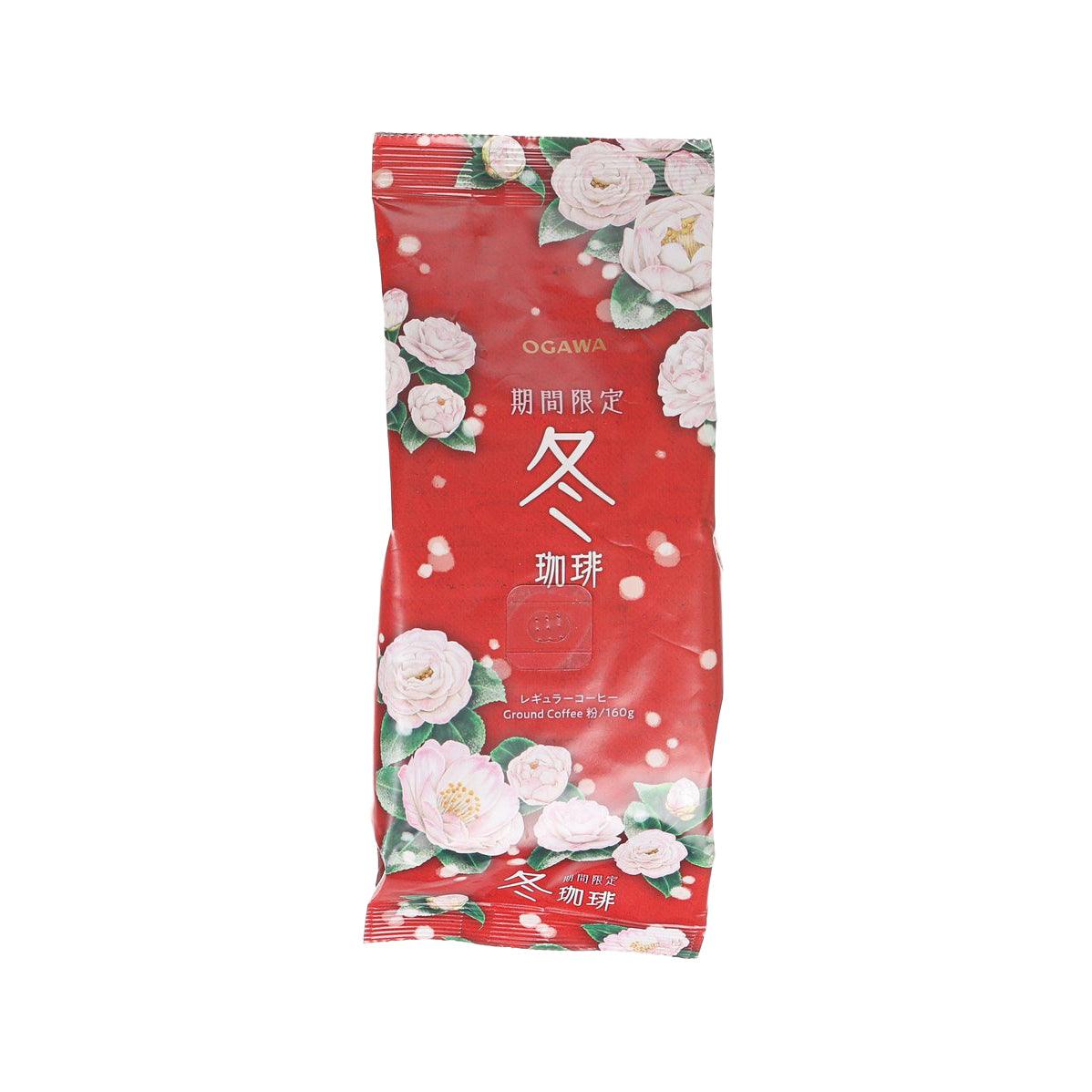 Ground coffee pouch, red with floral pattern and winter label