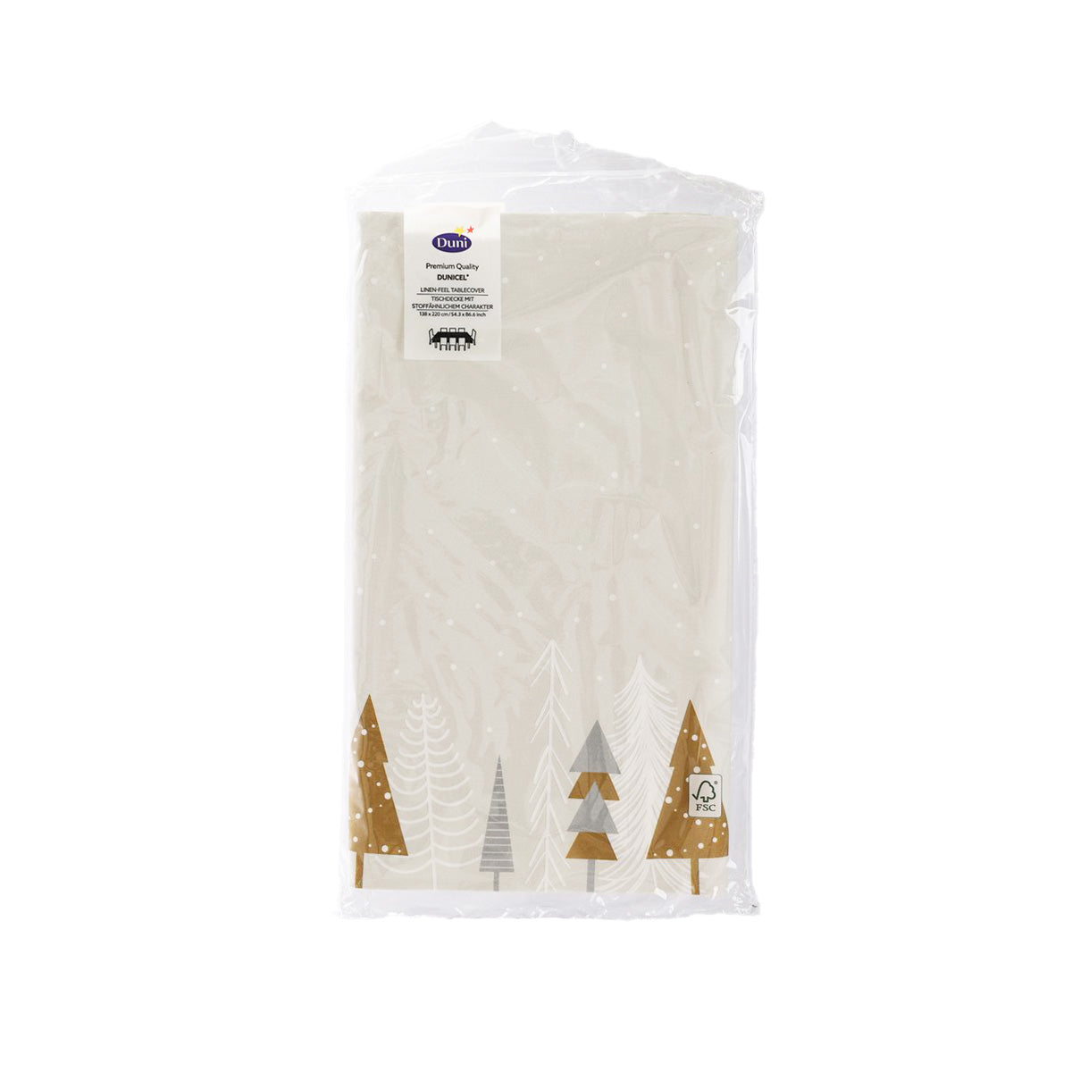 Winter trees paper table cover in white with gold and brown forest scene