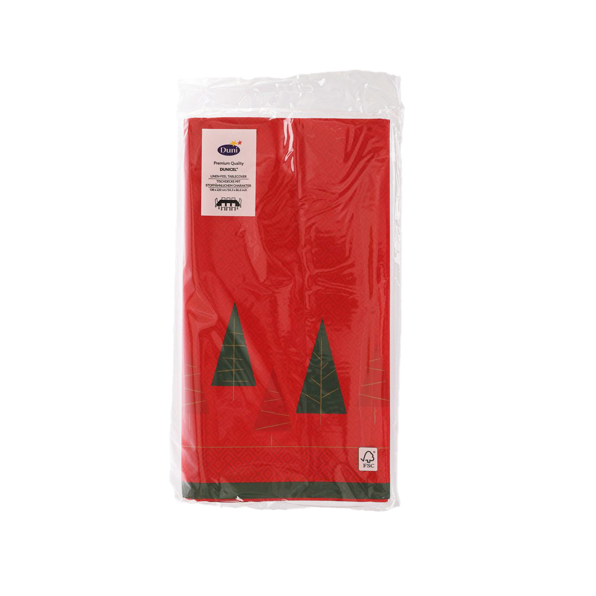 Red Christmas party table cover with green tree graphic