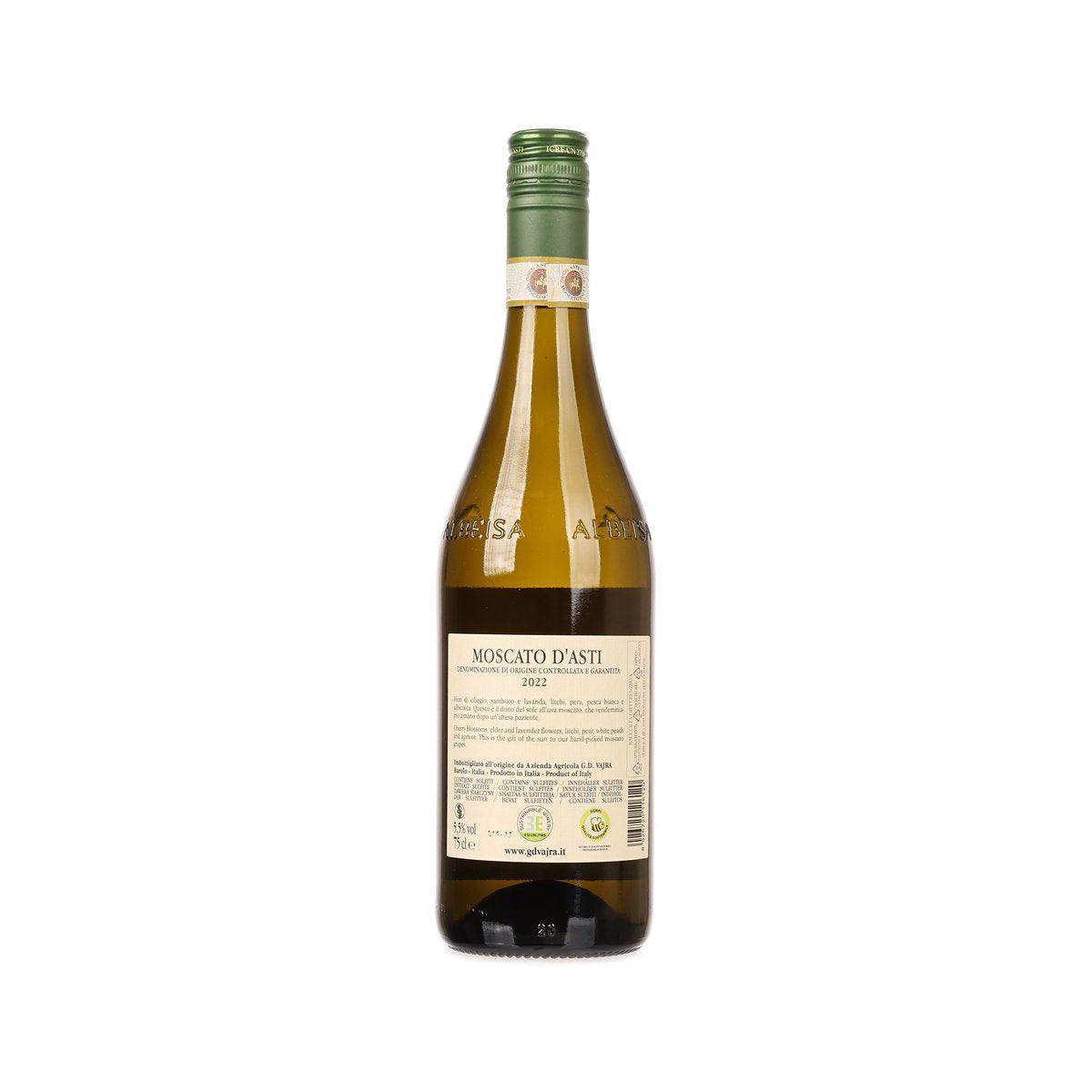 G D VAJRA Moscato d'Asti wine bottle with green cap and back information label