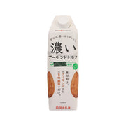 Rich almond milk carton, front view with almond illustrations and spout cap