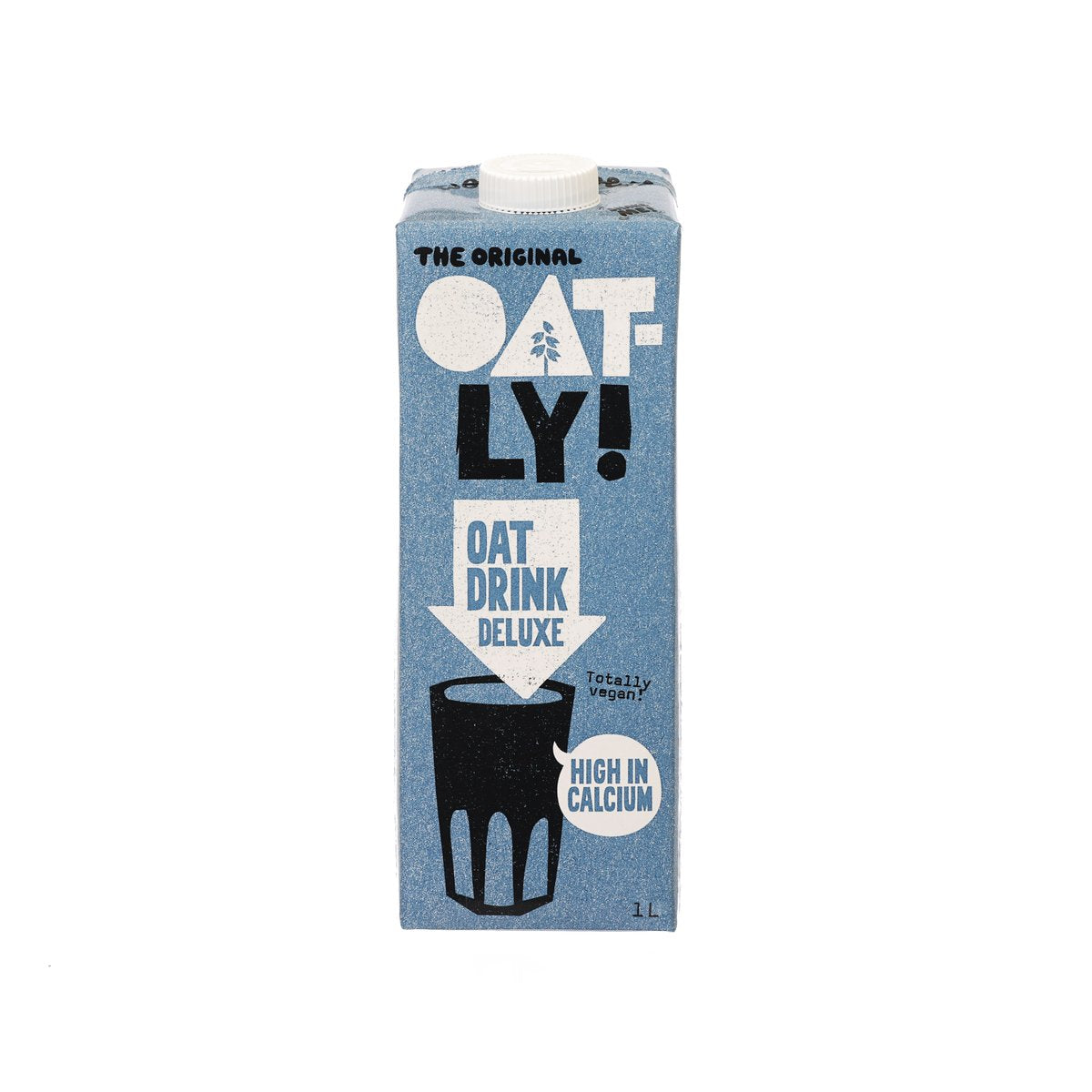 OATLY Oat Drink Deluxe high-calcium 1L carton, blue front label.