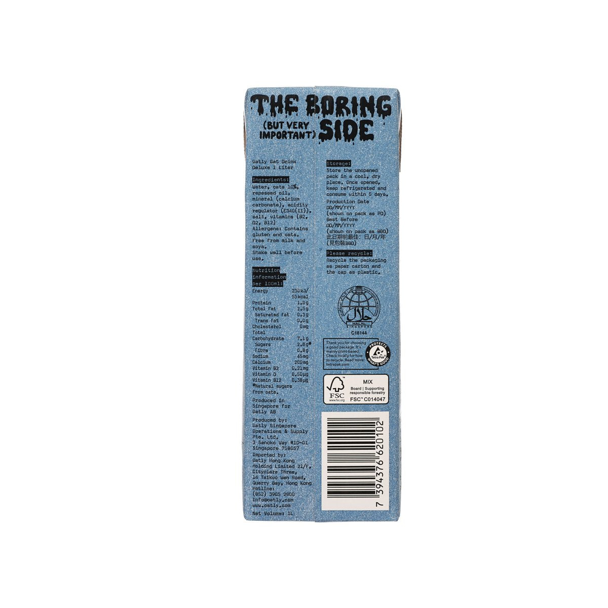 OATLY Oat Drink Deluxe high-calcium 1L carton, nutrition info and barcode.