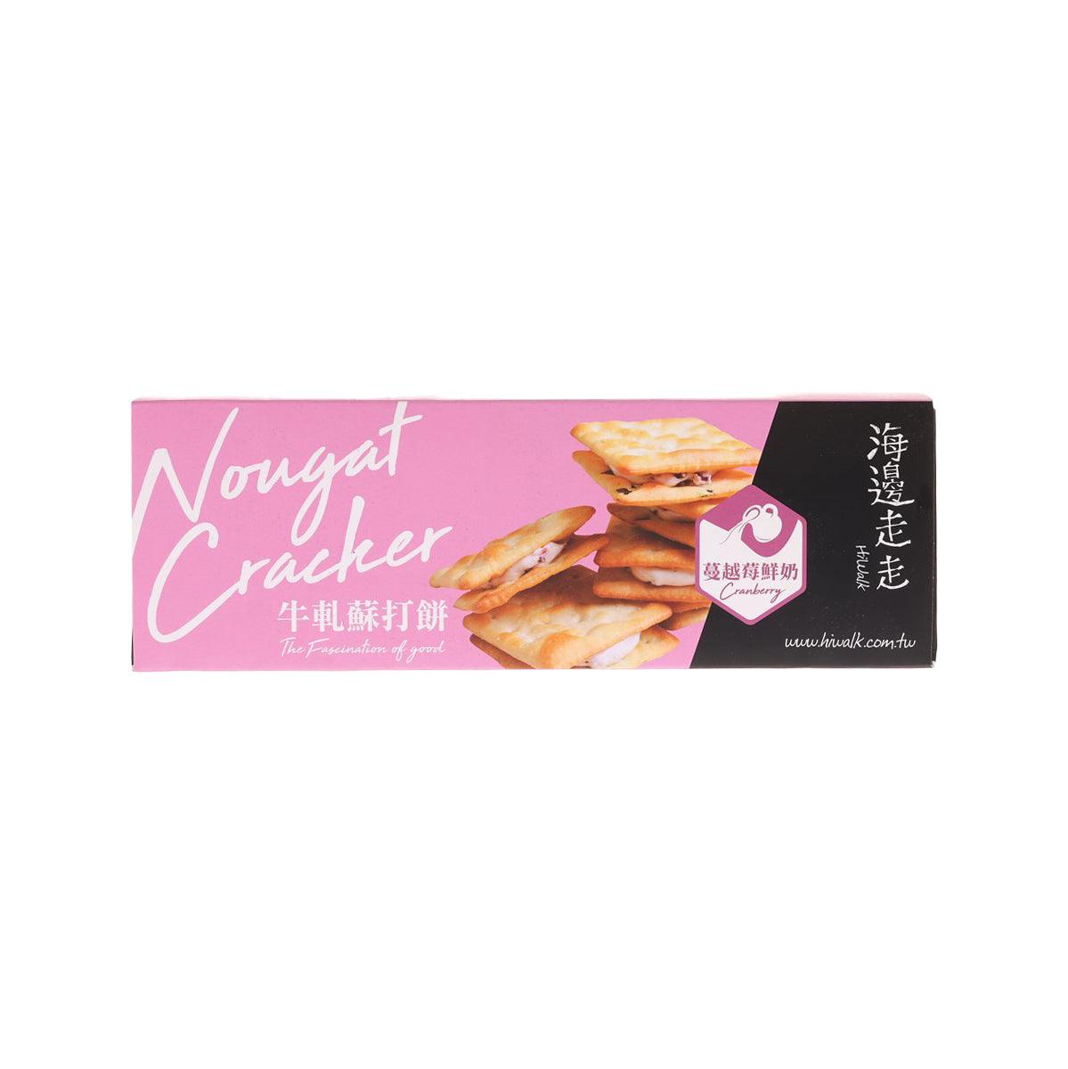 Nougat cracker box with pink packaging and stacked crackers on the front