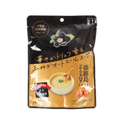 Truffle onion oatmeal soup sachet, black pouch with gold front and cup serving graphic