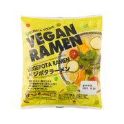 Yellow vegan instant ramen packet with vegetable potage flavor and toppings graphic