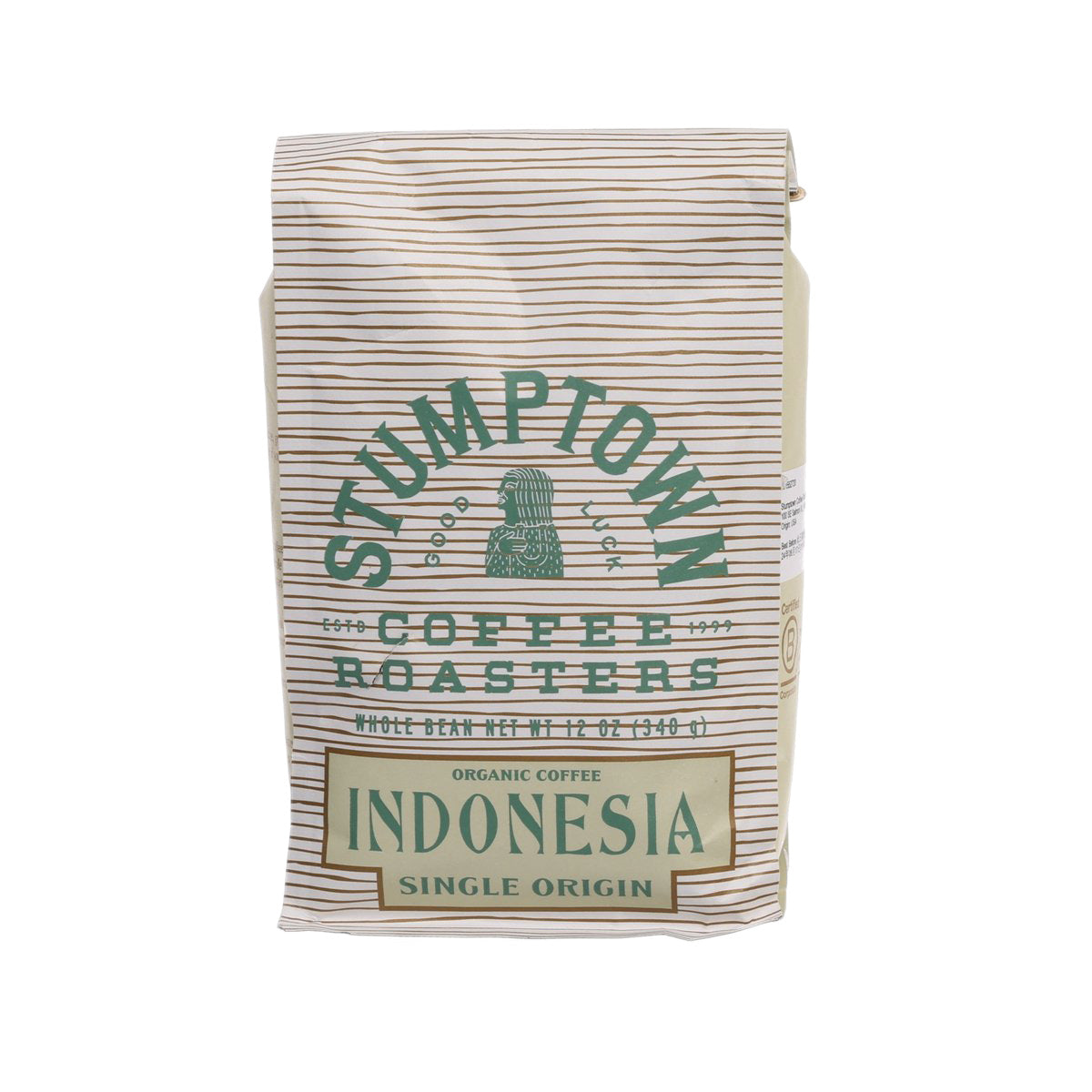 Coffee bean bag, front view, striped STUMPTOWN Indonesia single origin 340g