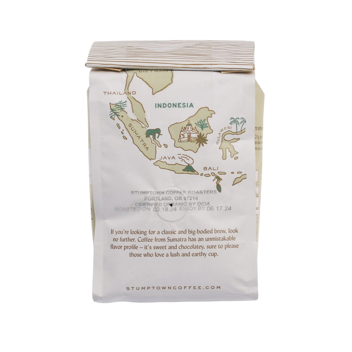 Coffee bean bag, back view, Indonesia map and brewing instructions