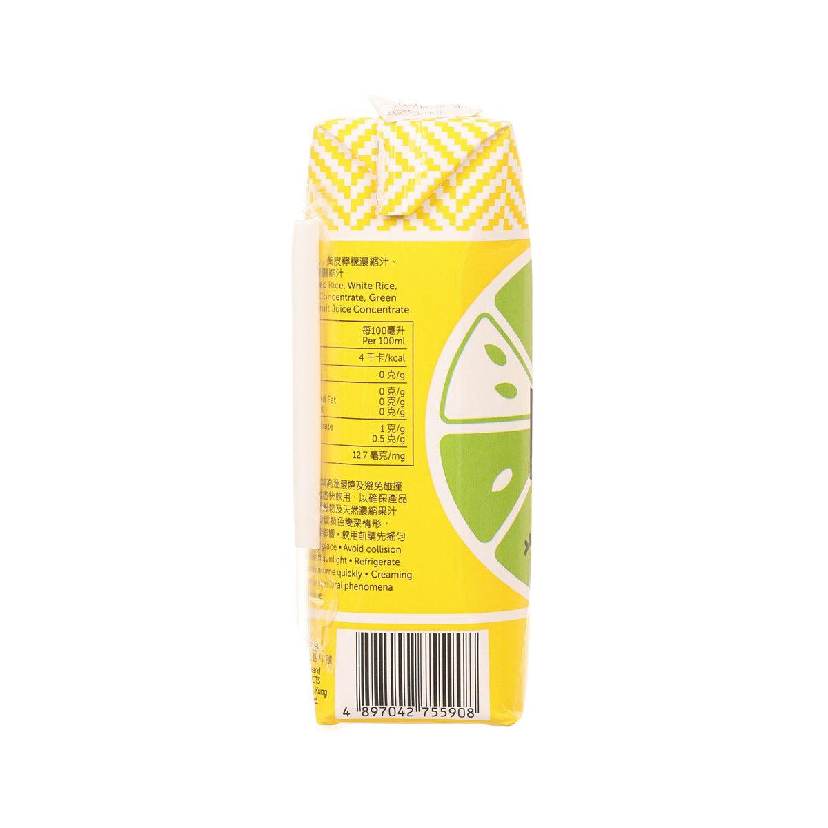 Monk fruit lemon rice water carton side with barcode label and flavor info