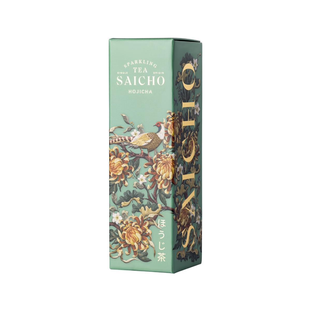 Green SAICHO sparkling tea gift box with bird and floral artwork