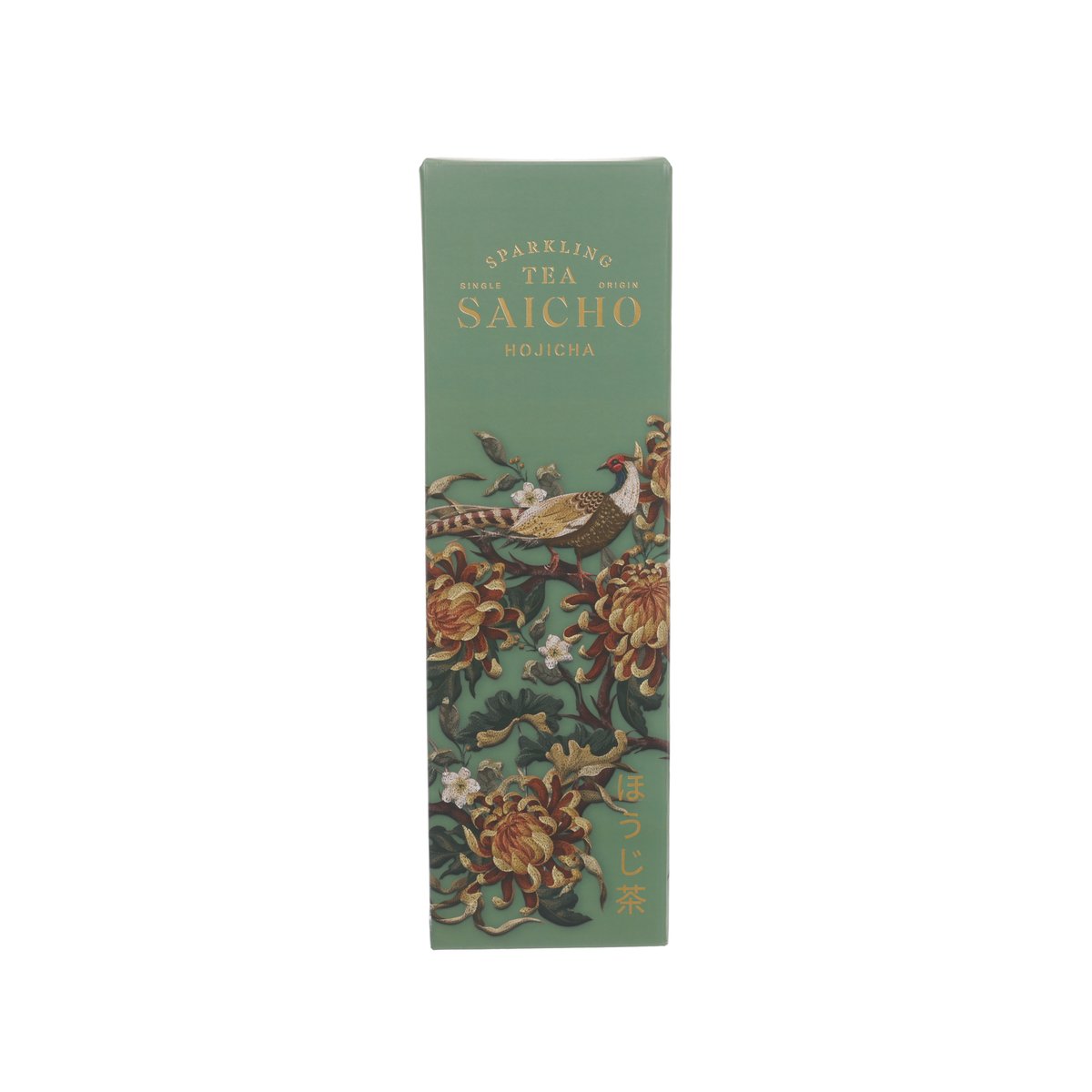 Green SAICHO hojicha sparkling tea gift box, front view