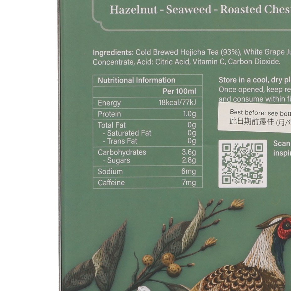 Close-up nutrition and ingredient information panel on green tea box