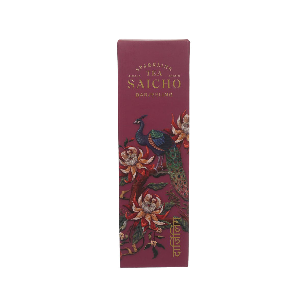 Sparkling Darjeeling tea gift carton, narrow side view with peacock artwork