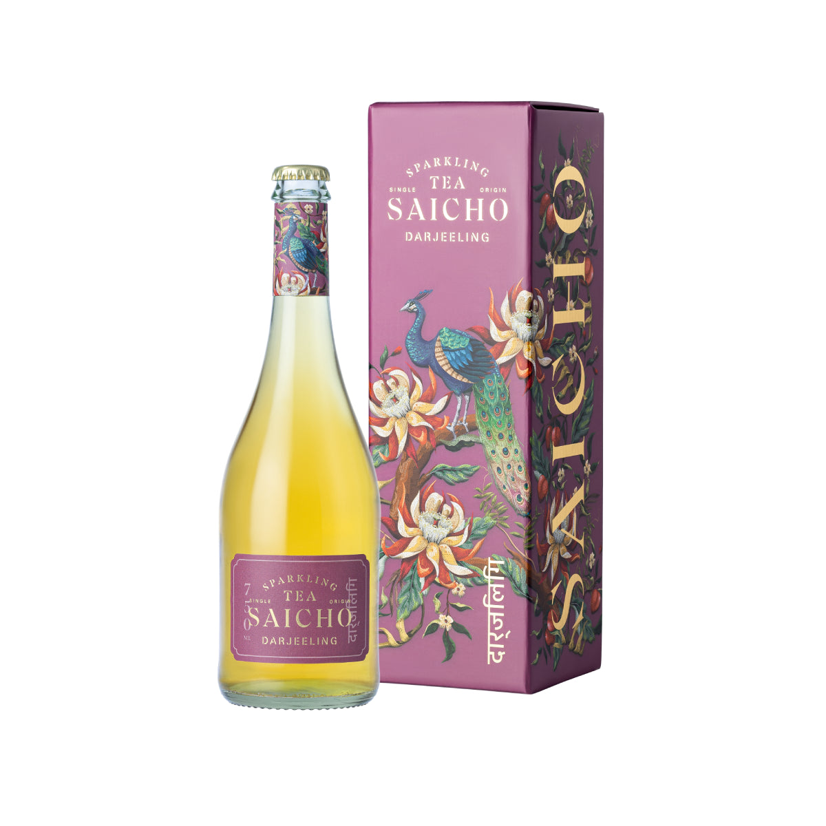 Sparkling Darjeeling tea bottle with gift carton, purple floral and bird artwork