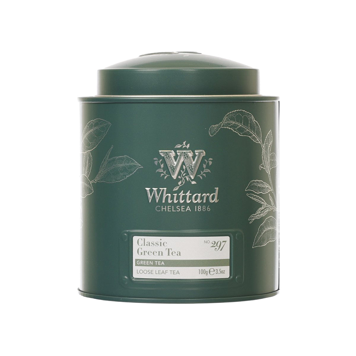 WHITTARD Classic green tea loose leaf tin, dark green canister with front label