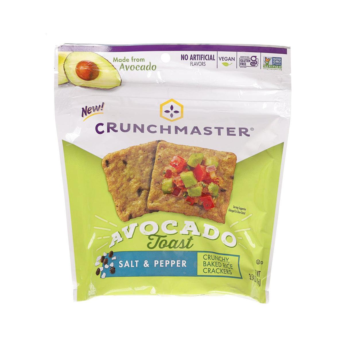 Avocado toast rice crackers bag, salt and pepper flavor with cracker image