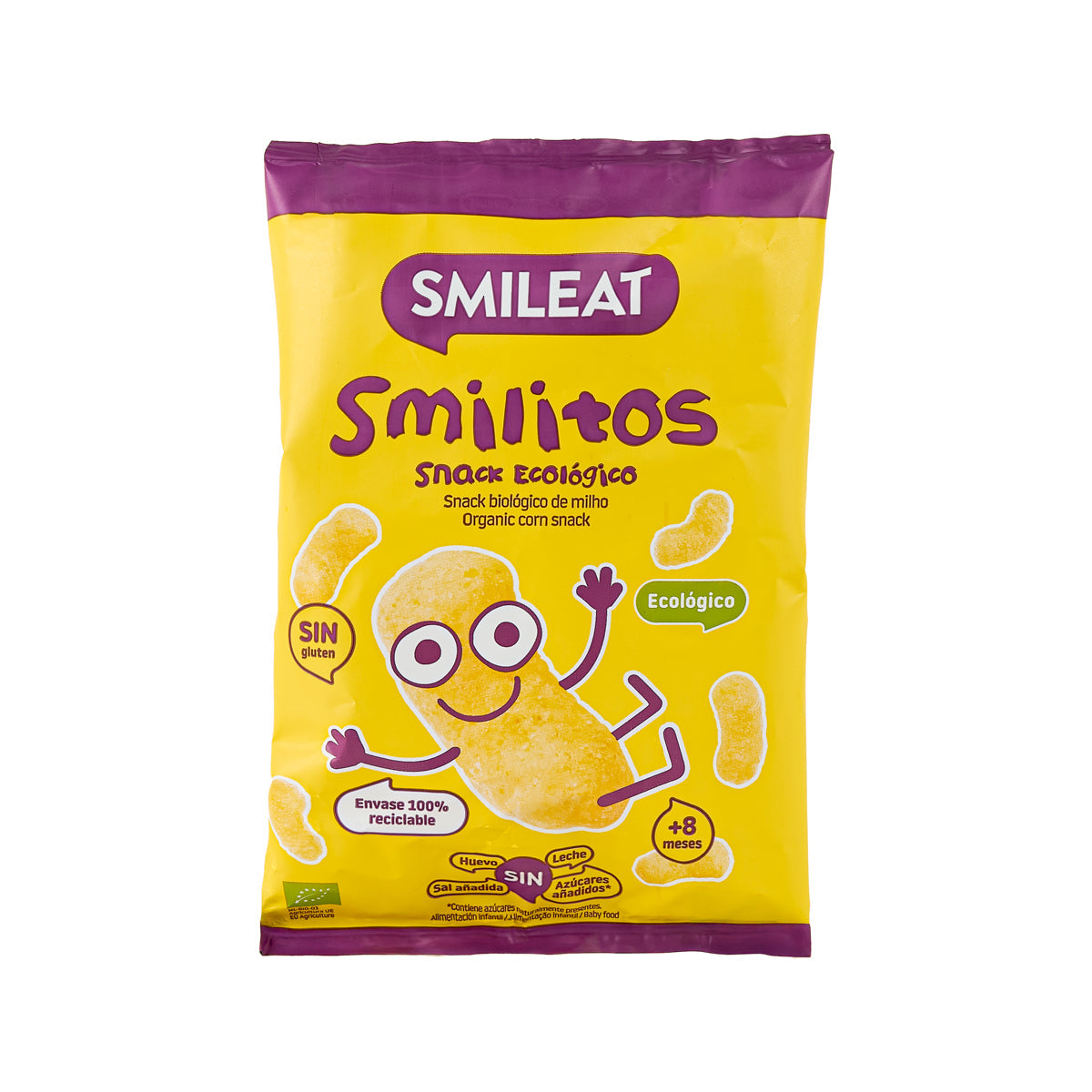 Corn snack bag, yellow with purple top, Smileat Smilitos front design