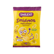Corn snack bag, yellow with purple top, Smileat Smilitos front design