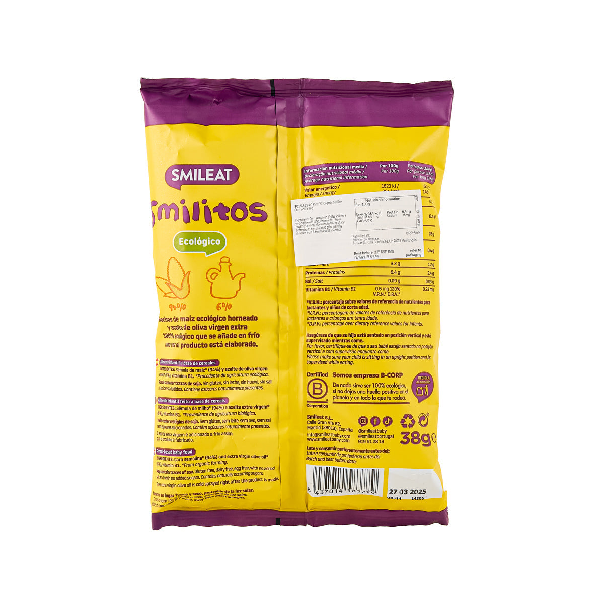 Corn snack bag back with ingredient and nutrition panel, Smileat Smilitos 38g