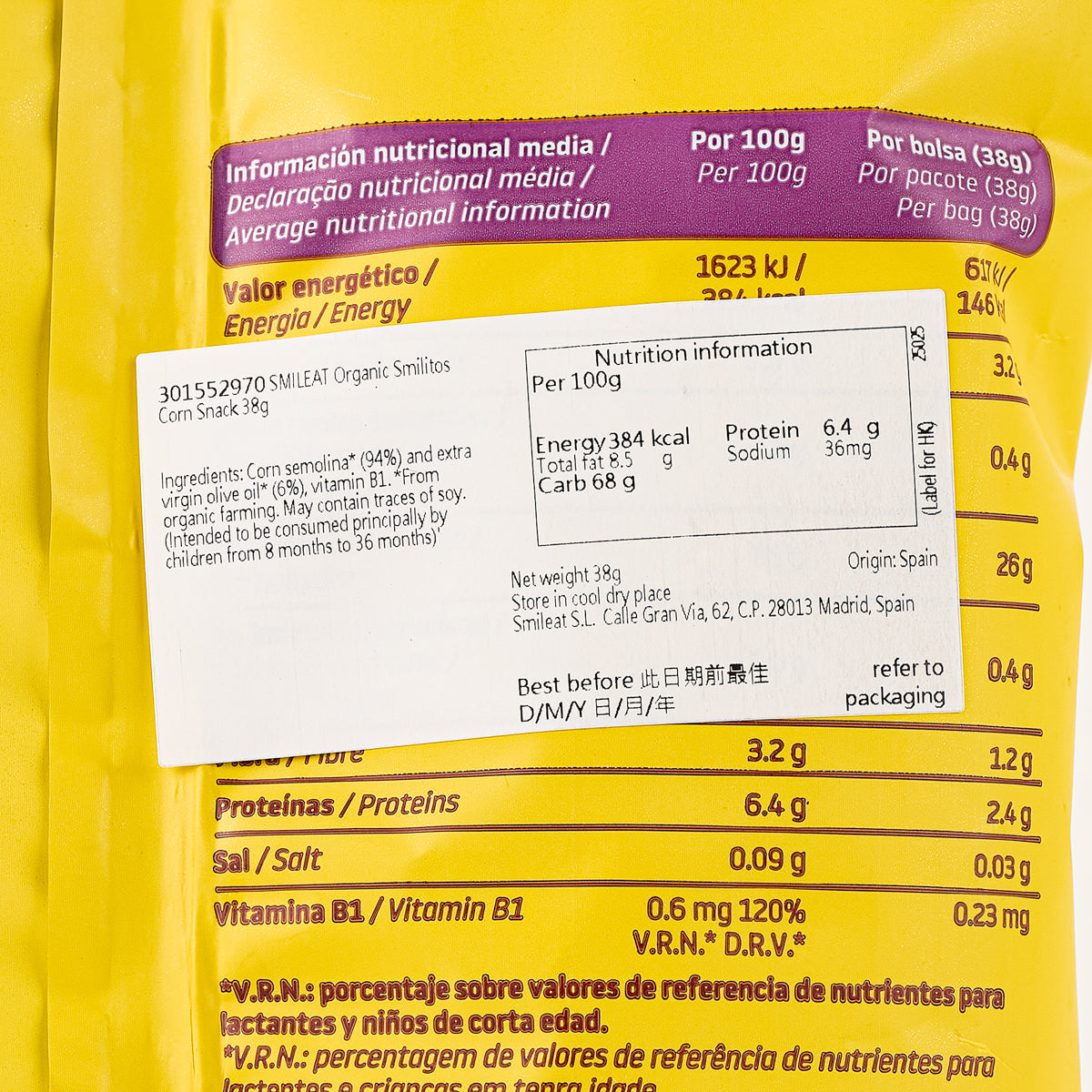 Smilitos nutrition label closeup on corn snack bag, energy and protein details