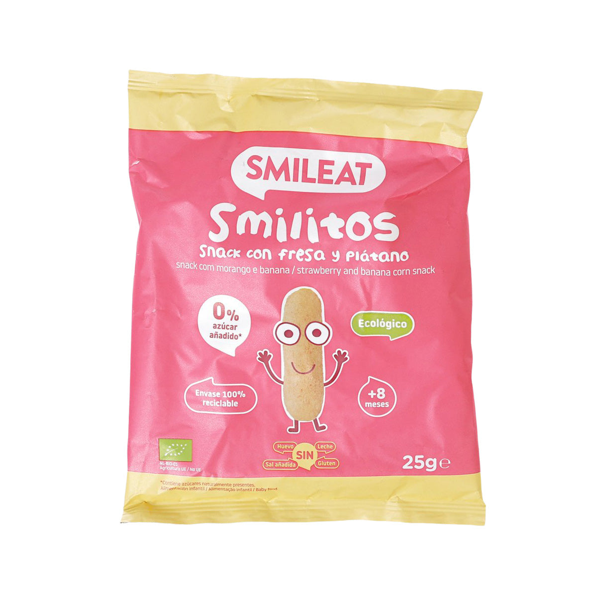 Organic baby corn snack pouch, pink label with Smileat Smilitos branding, 25 g