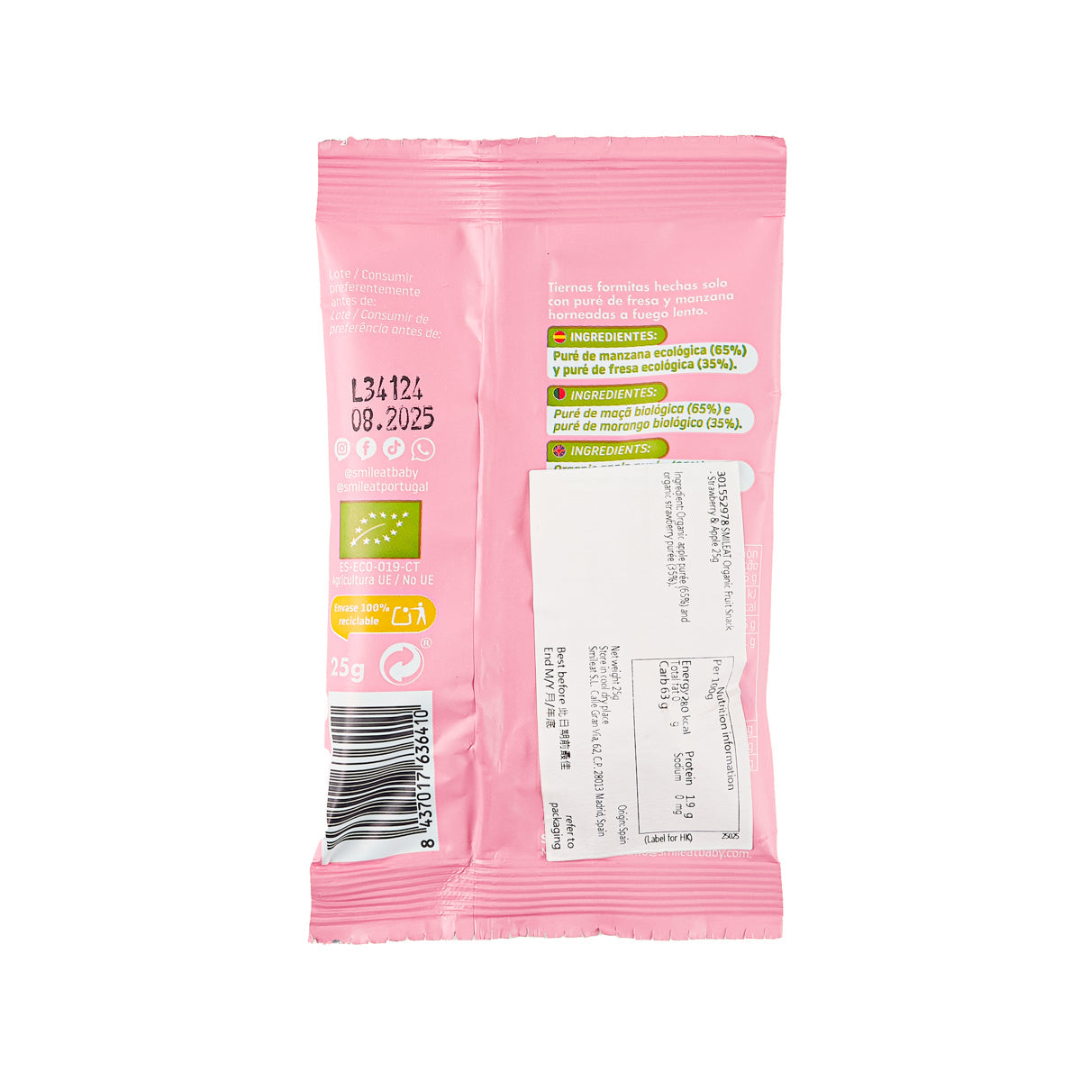 SMILEAT organic fruit snack pouch back: strawberry & apple, 25 g, pink