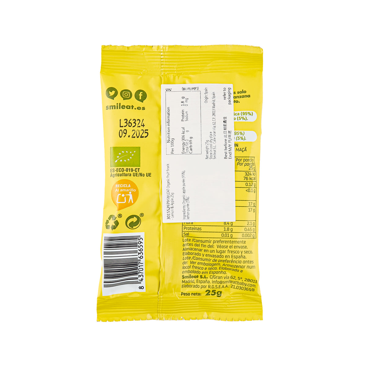 SMILEAT organic fruit snack pouch back with ingredients and barcode