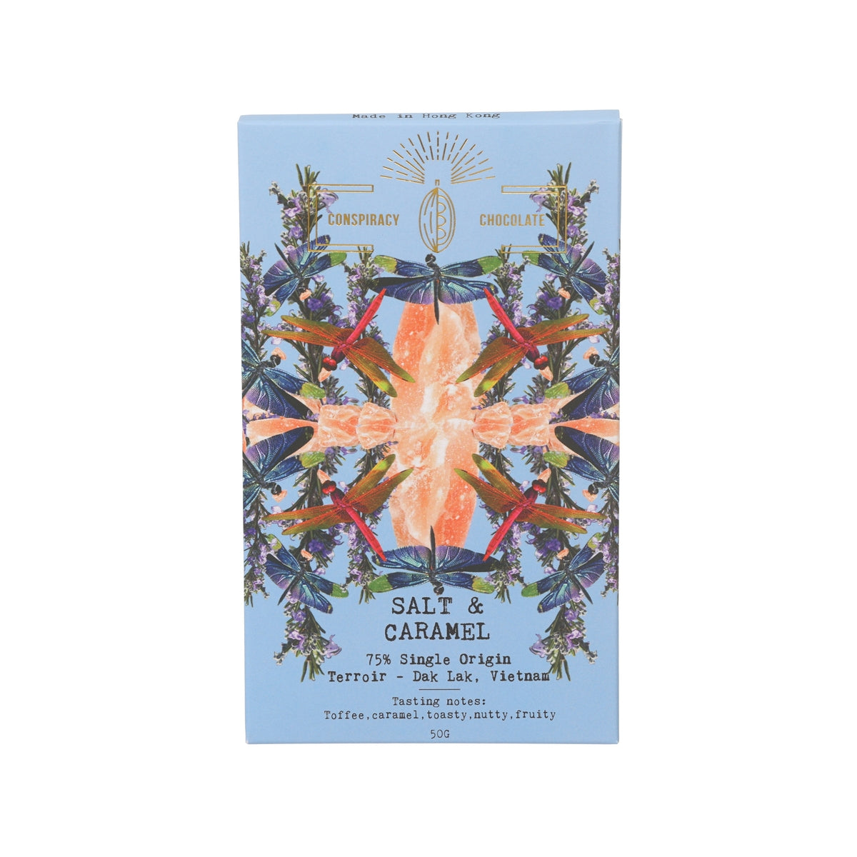 Salt & caramel 75% dark chocolate bar, single-origin, blue floral box, 50 g