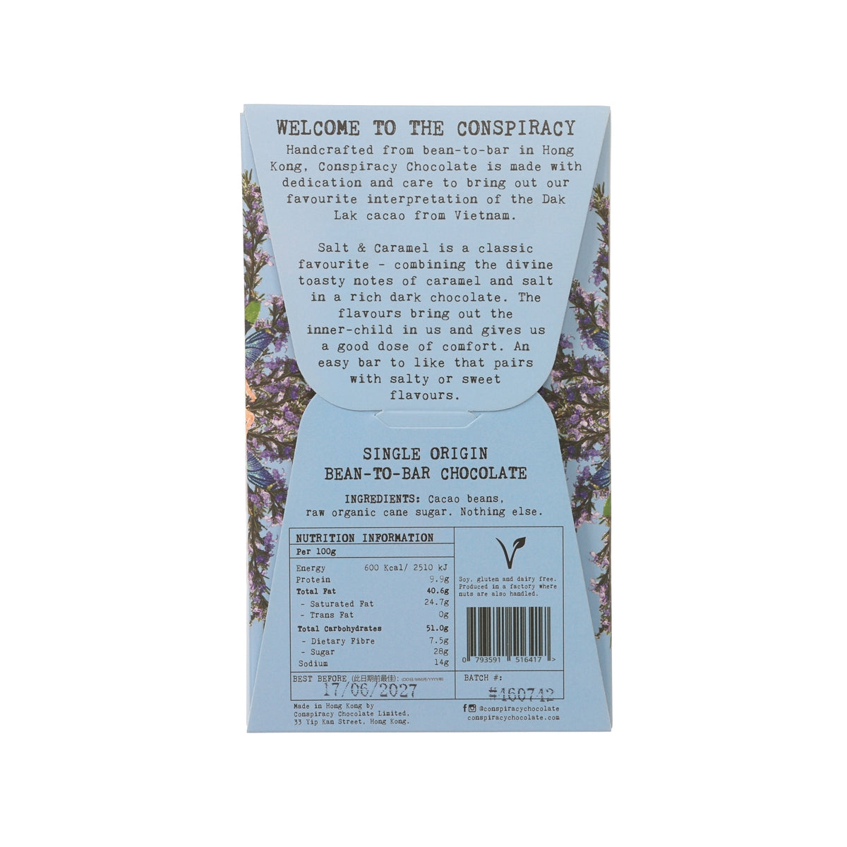 Back of salt & caramel 75% dark chocolate bar carton with ingredients and nutrition