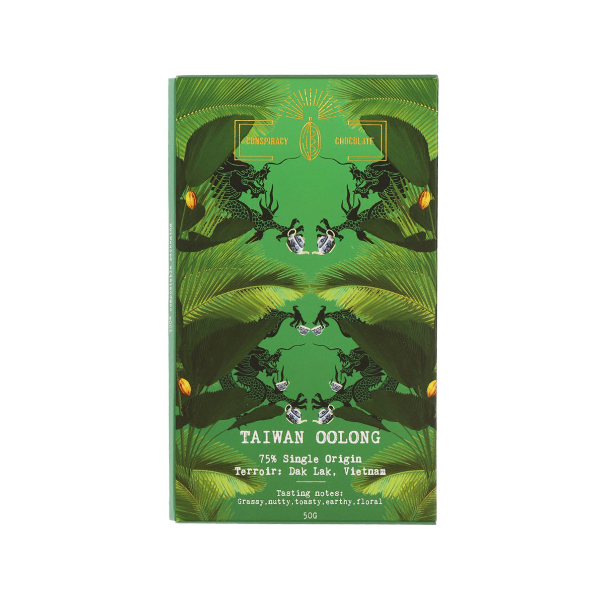 Dark 75% single-origin chocolate bar wrapper, green Taiwan oolong design