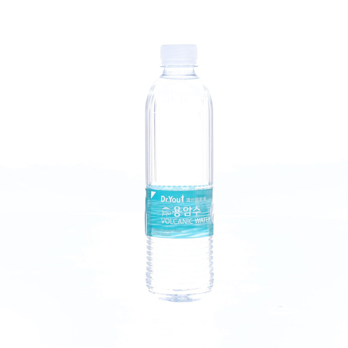 Clear 530 mL plastic bottle of DR. YOU Jeju Volcanic Water, blue label, white cap