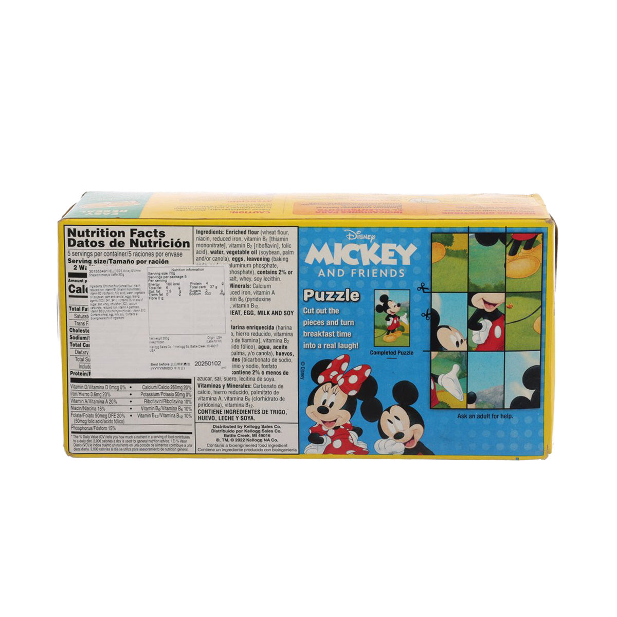 Kellogg's Mickey & Minnie waffle box back with nutrition facts and puzzle art
