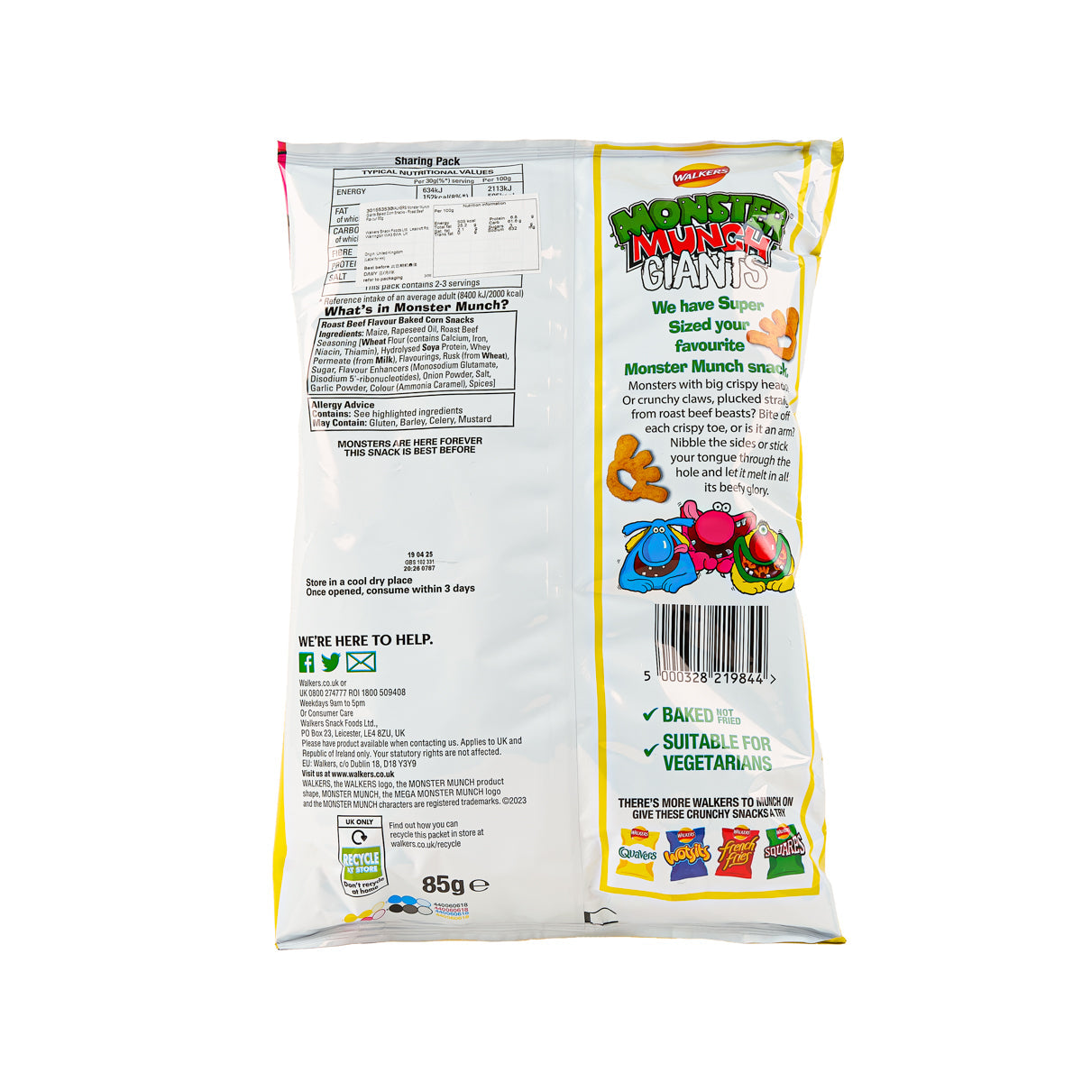 WALKERS Monster Munch Giants baked corn snacks bag, back with nutrition and ingredients
