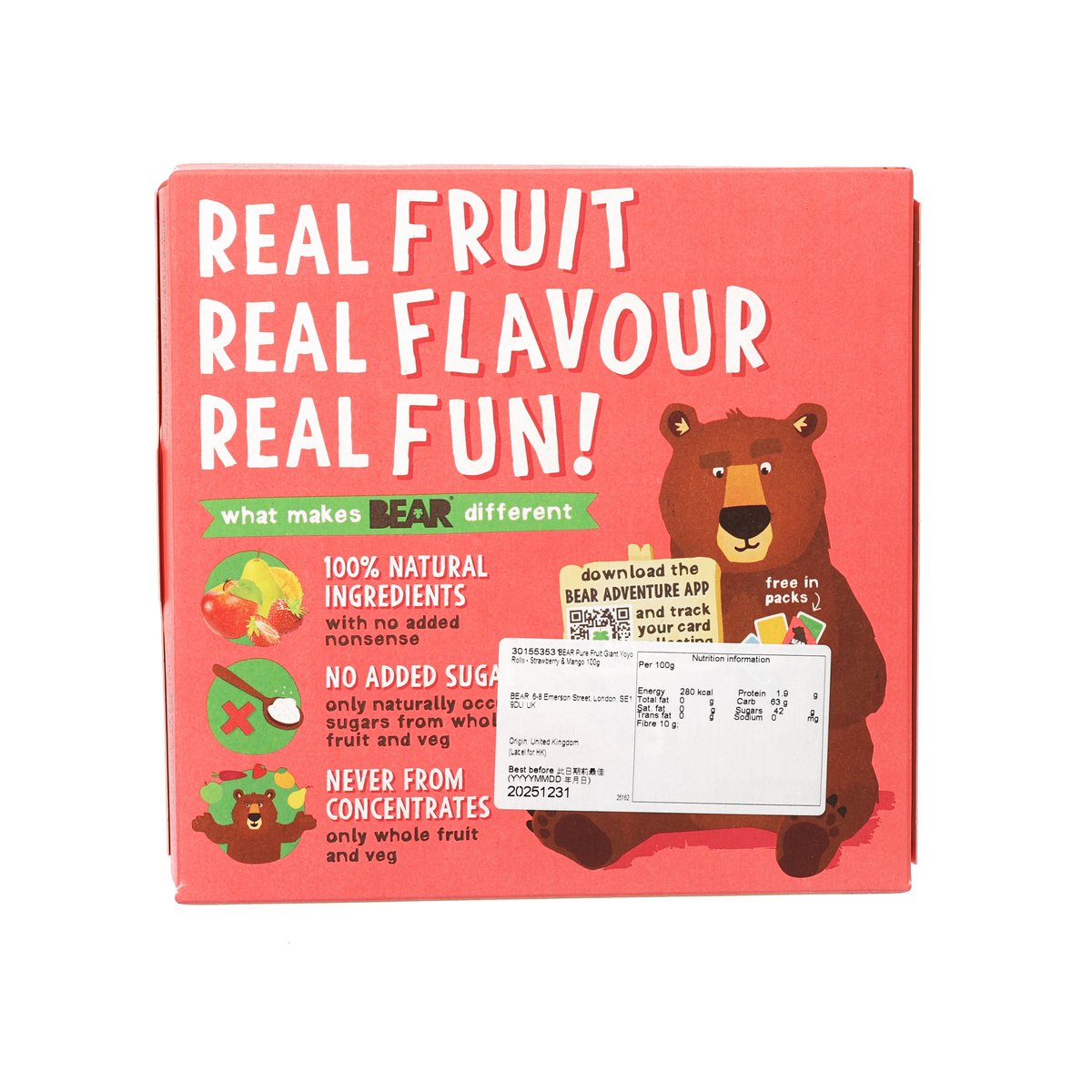 BEAR giant yoyo rolls box back, real fruit flavor info, strawberry and mango