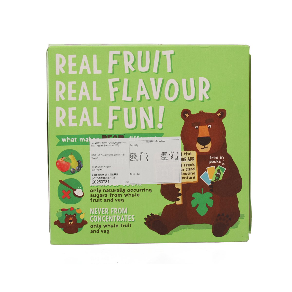 BEAR giant yoyo rolls box back, real fruit flavour message, 100g