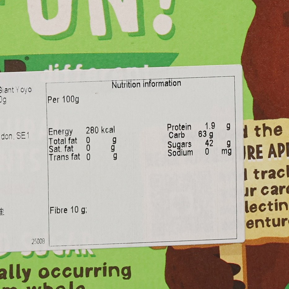 Nutrition information panel on BEAR yoyo rolls box, per 100g details