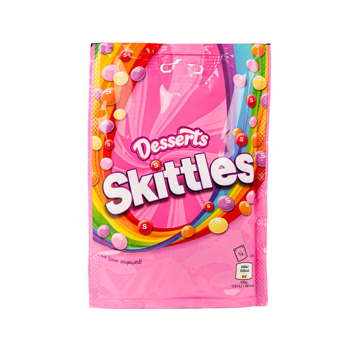 Skittles dessert chewy candy pouch, pink with colorful candy icons