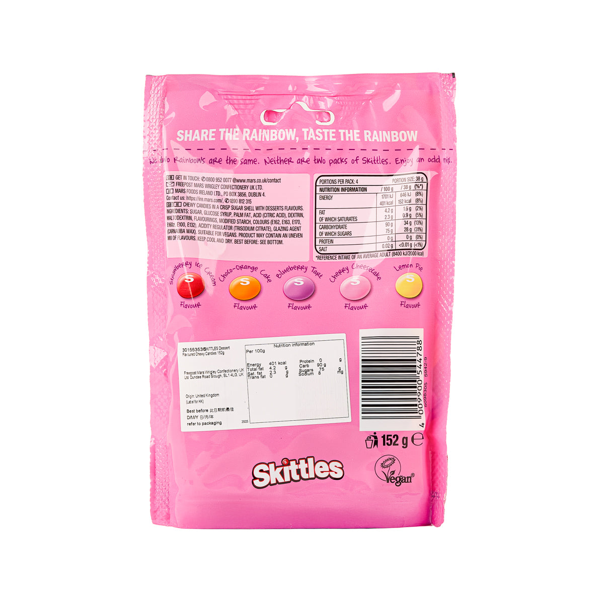 Skittles dessert candy pouch back, showing nutrition and ingredient panel