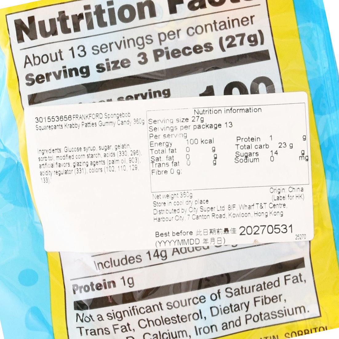 Krabby Patties gummy candy nutrition facts close-up, serving size 3 pieces (27g)