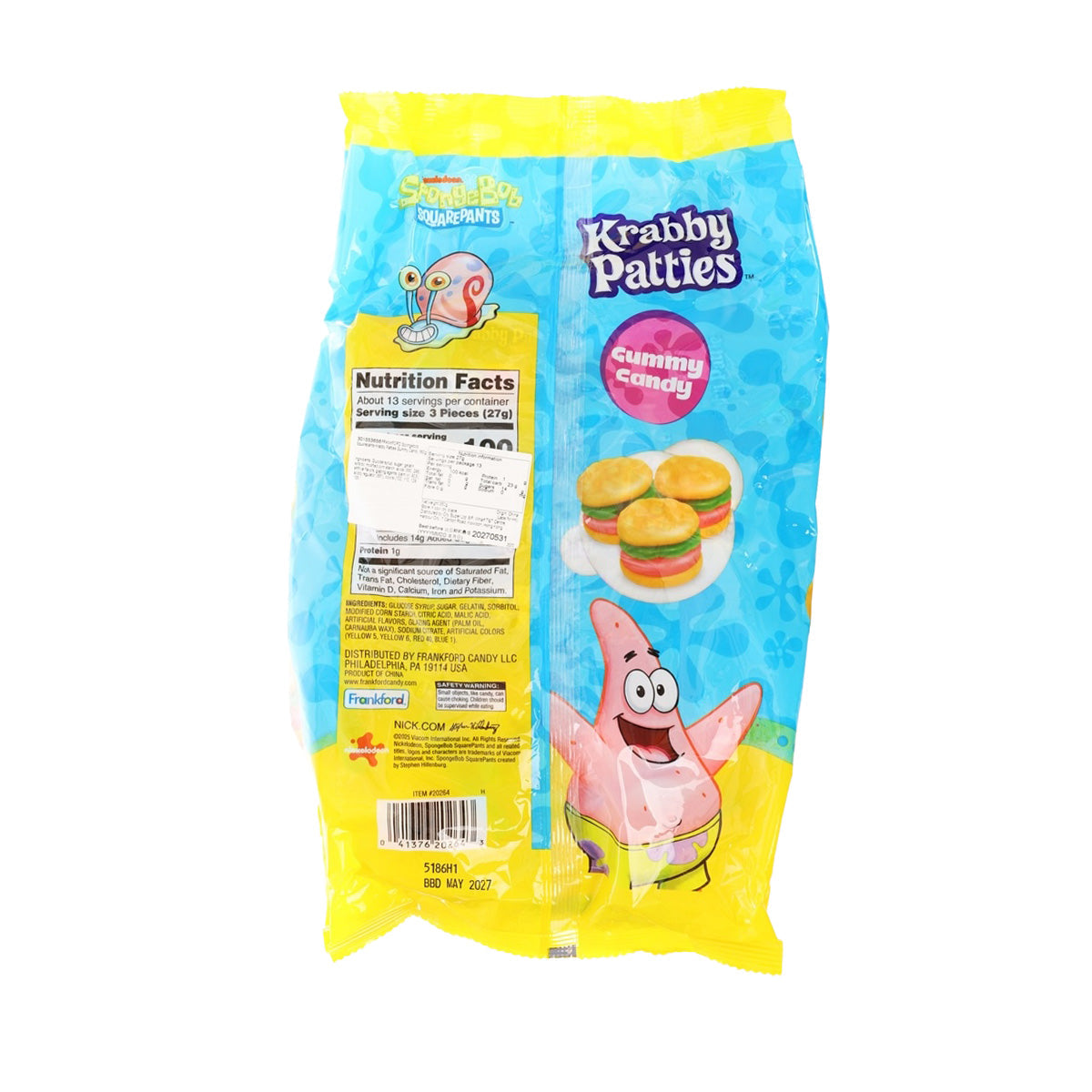 Krabby Patties gummy candy bag back, blue with nutrition facts panel and barcode
