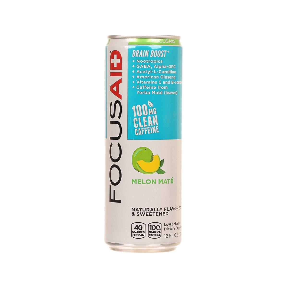 LIFEAID Focusaid melon mate vitamin drink can, blue-and-white label with “100mg clean caffeine”