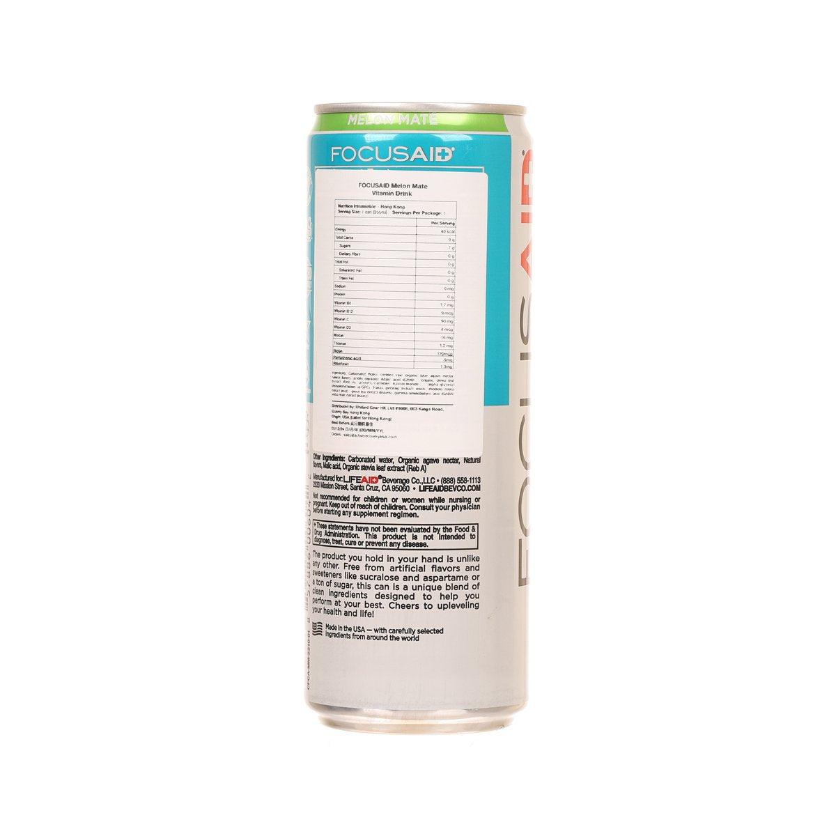 LIFEAID Focusaid melon mate vitamin drink can, back panel with ingredients and nutrition text