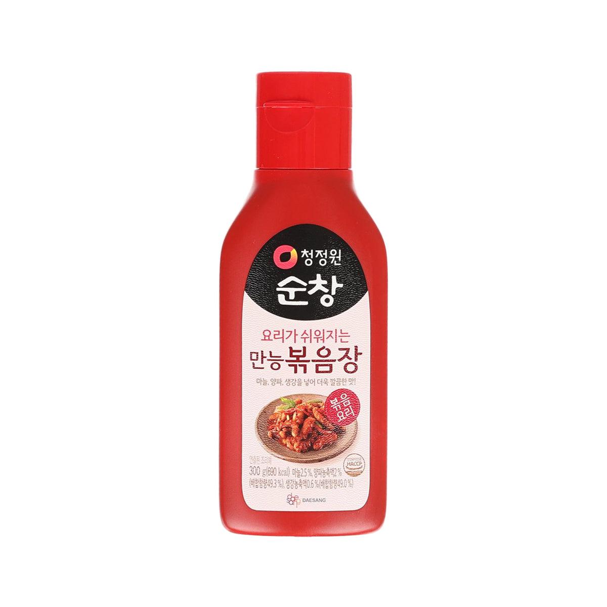 CHEONGJEONGWON Sunchang spicy stir-fry sauce bottle, red cap and label