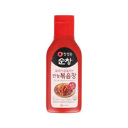 CHEONGJEONGWON Sunchang spicy stir-fry sauce bottle, red cap and label