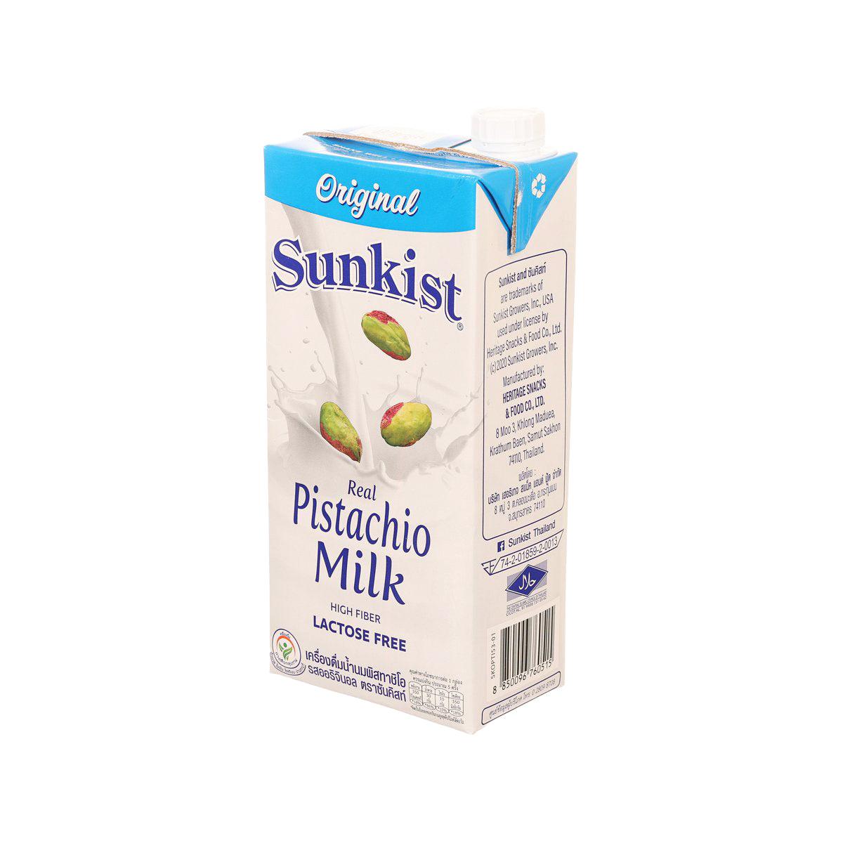 SUNKIST pistachio milk carton, angled side view with product description and barcode