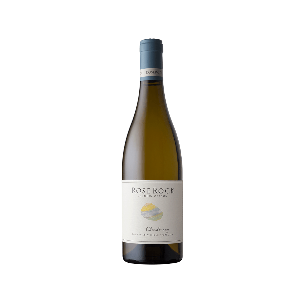 Chardonnay wine bottle with dark blue cap and cream label