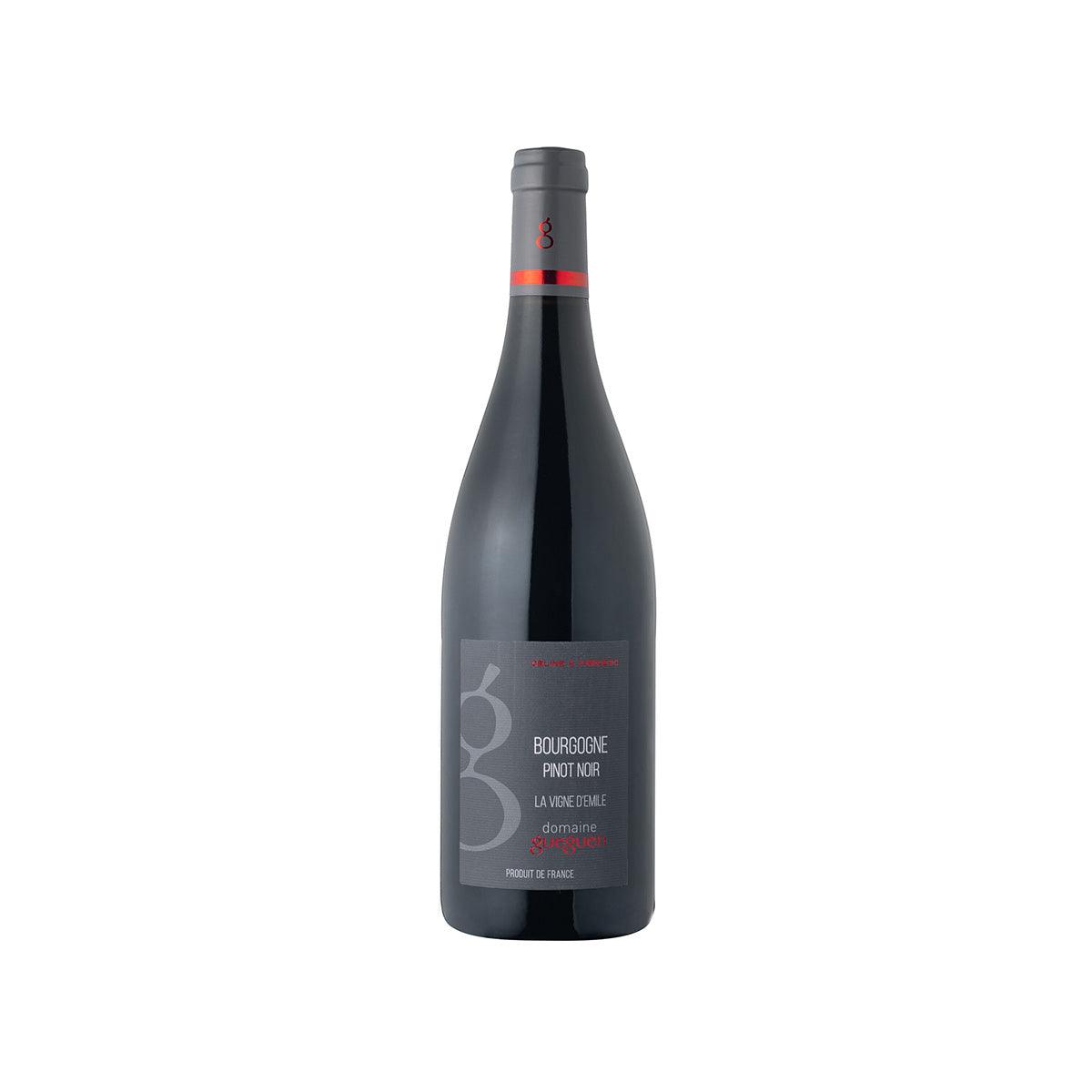 DOM GUEGUEN Burgundy Pinot Noir wine bottle, dark glass with gray screw cap.