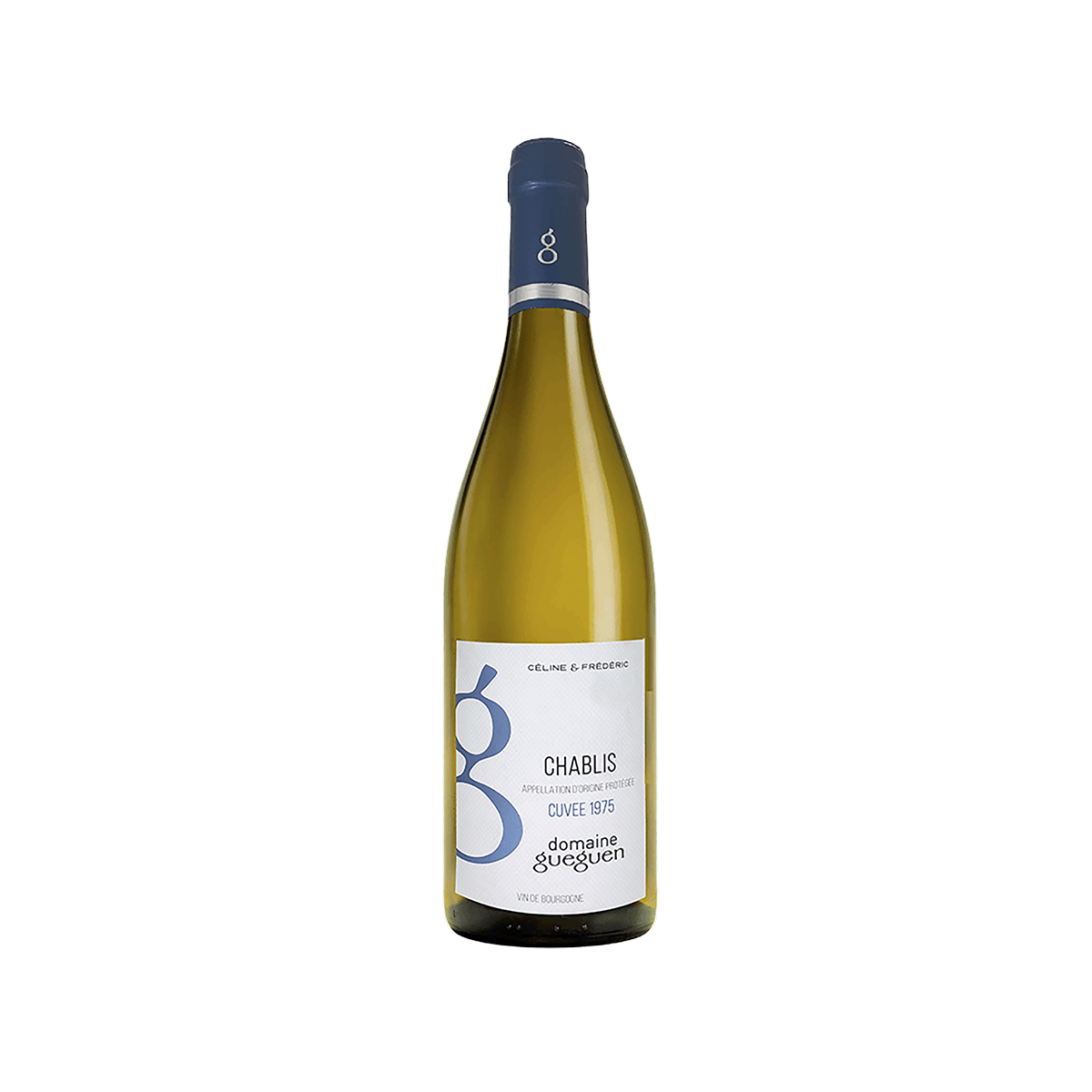 Chablis white wine bottle with dark blue cap and pale straw glass