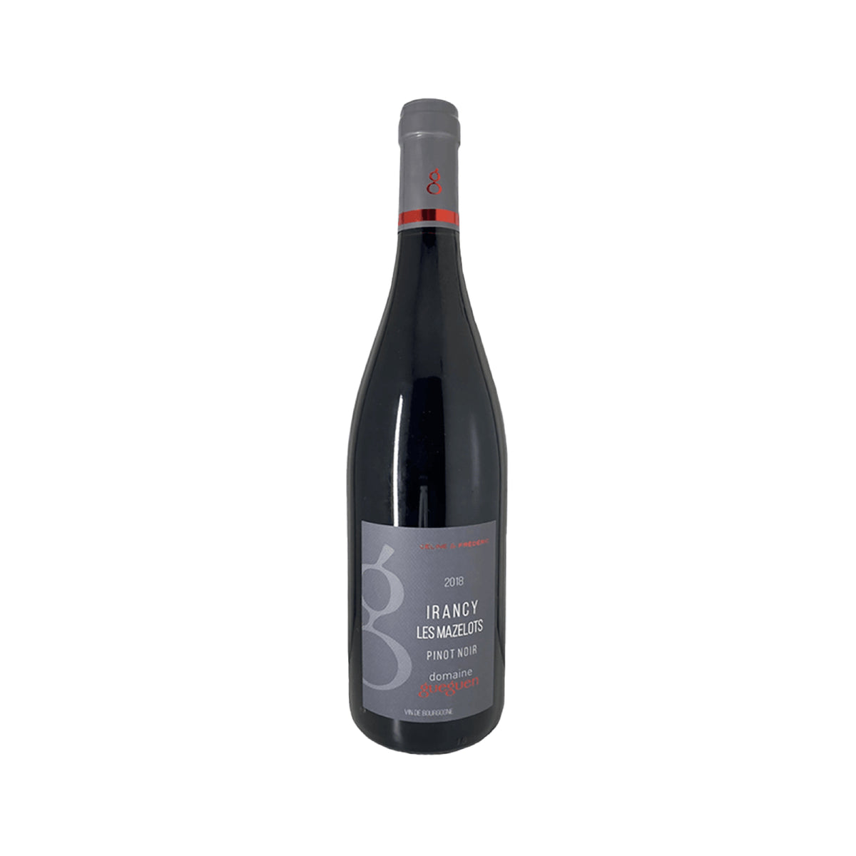 DOM GUEGUEN Irancy Les Mazelots wine bottle, dark glass, red neck band, 750 mL