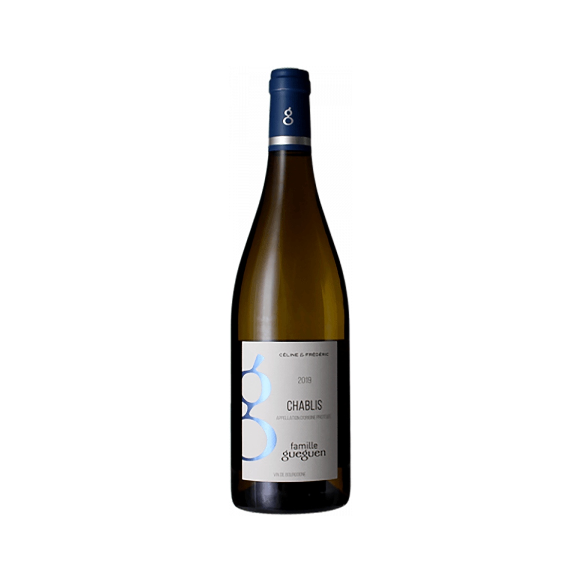 Chablis white wine bottle with blue cap, pale gold label